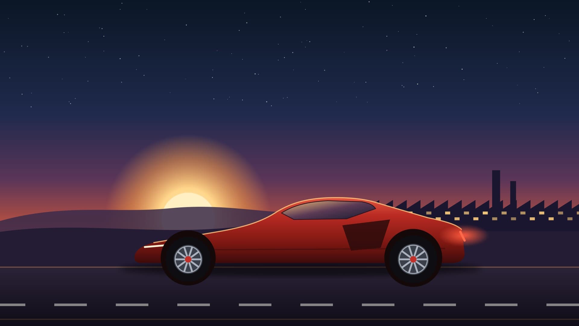 Original illustration of a red mid-engine sports car on a highway at dusk, with a sawtooth-roof factory on the horizon. Not a Chevrolet photo.