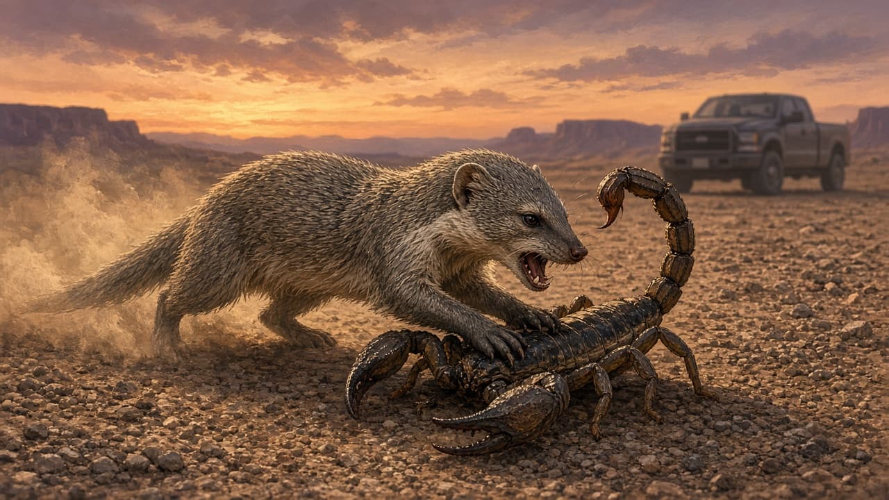 A mongoose striking a scorpion at dusk