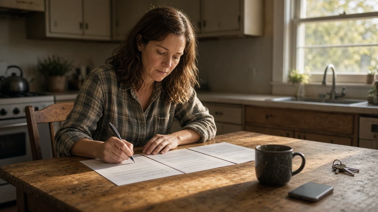 A woman at a sunlit kitchen table making notes on three printed insurance quotes beside a coffee mug, car keys, and a phone.