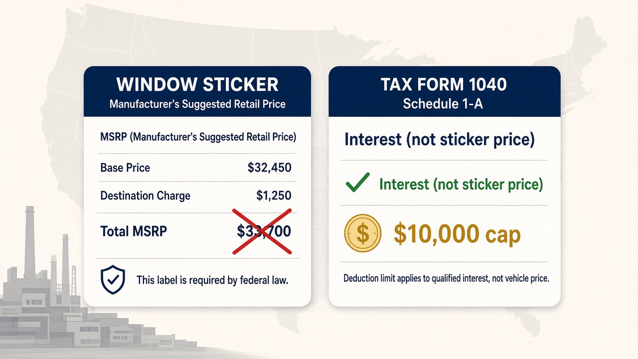Window sticker with total MSRP crossed out next to a tax form showing the $10,000 interest cap — sticker price is not the IRS gate