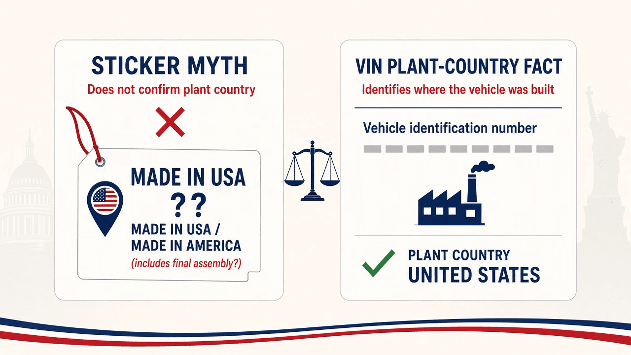 Made in USA hang-tag myth marked wrong next to a VIN plant-country card showing UNITED STATES for the OBBBA assembly check