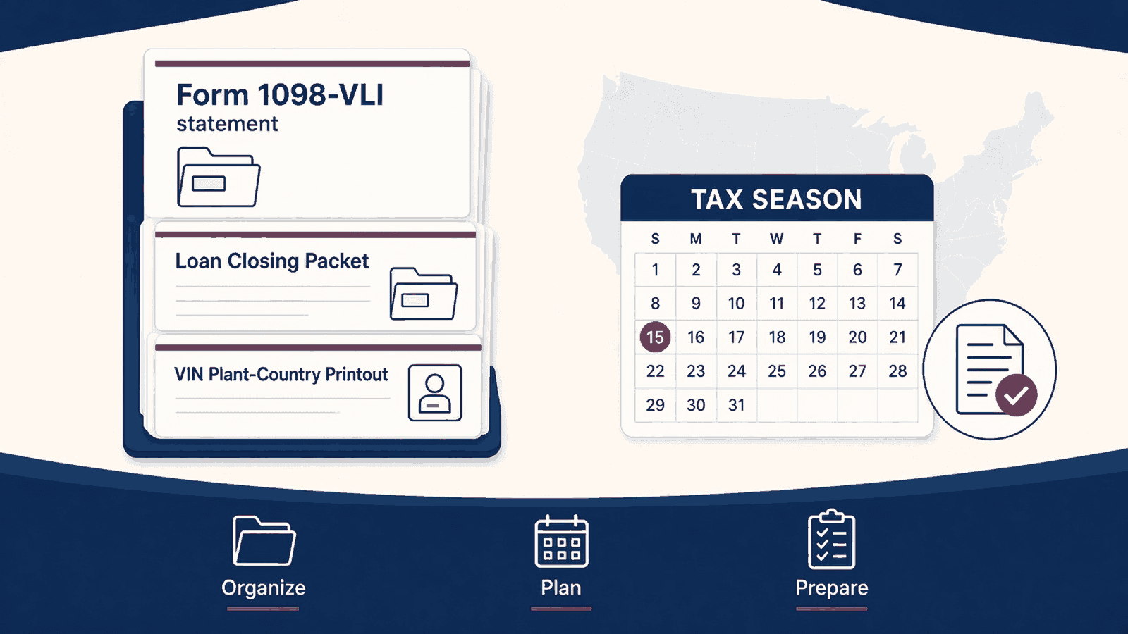 Desk stack of Form 1098-VLI, loan closing packet, and VIN plant-country printout for OBBBA tax-season prep
