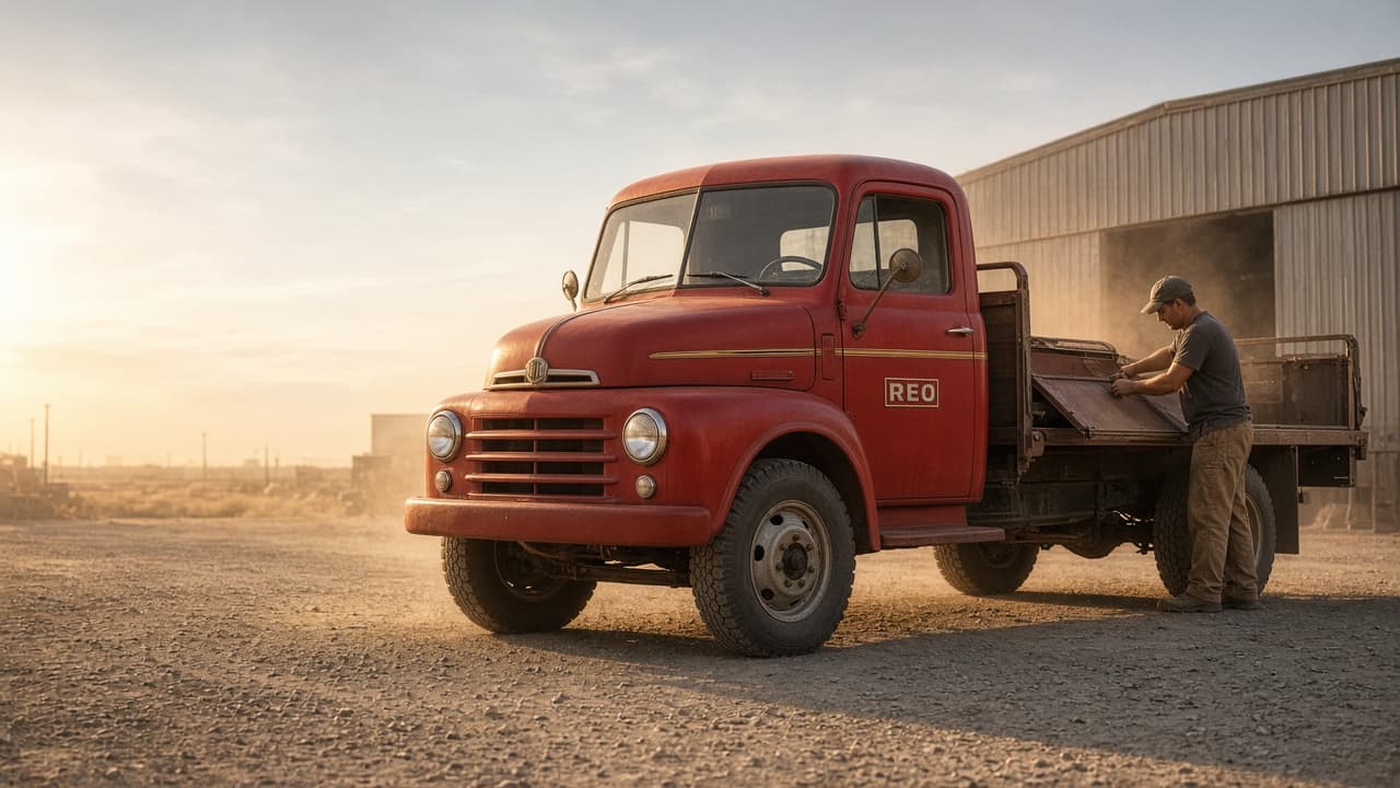 Original illustration of a short, tall, two-door drop-side work truck on a Texas gravel lot, standing in for the planned REO Runabout T4X. Not a manufacturer photo.