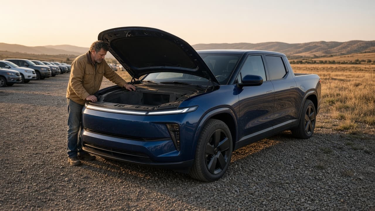 A man in a tan canvas jacket and jeans leans over the open front trunk of a dark blue, unbadged full-size electric pickup parked on a gravel lot at golden hour, with a row of used cars and dry hills behind him.