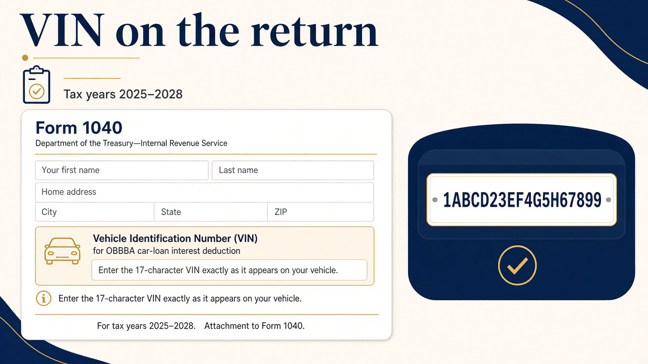 Illustration of Form 1040 VIN field next to a dashboard VIN plate for the OBBBA car-loan interest deduction, tax years 2025–2028