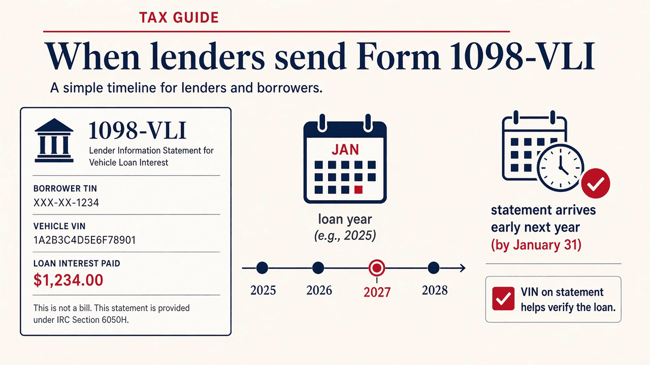 Timeline graphic showing when lenders send Form 1098-VLI for the OBBBA car-loan interest deduction, tax years 2025–2028