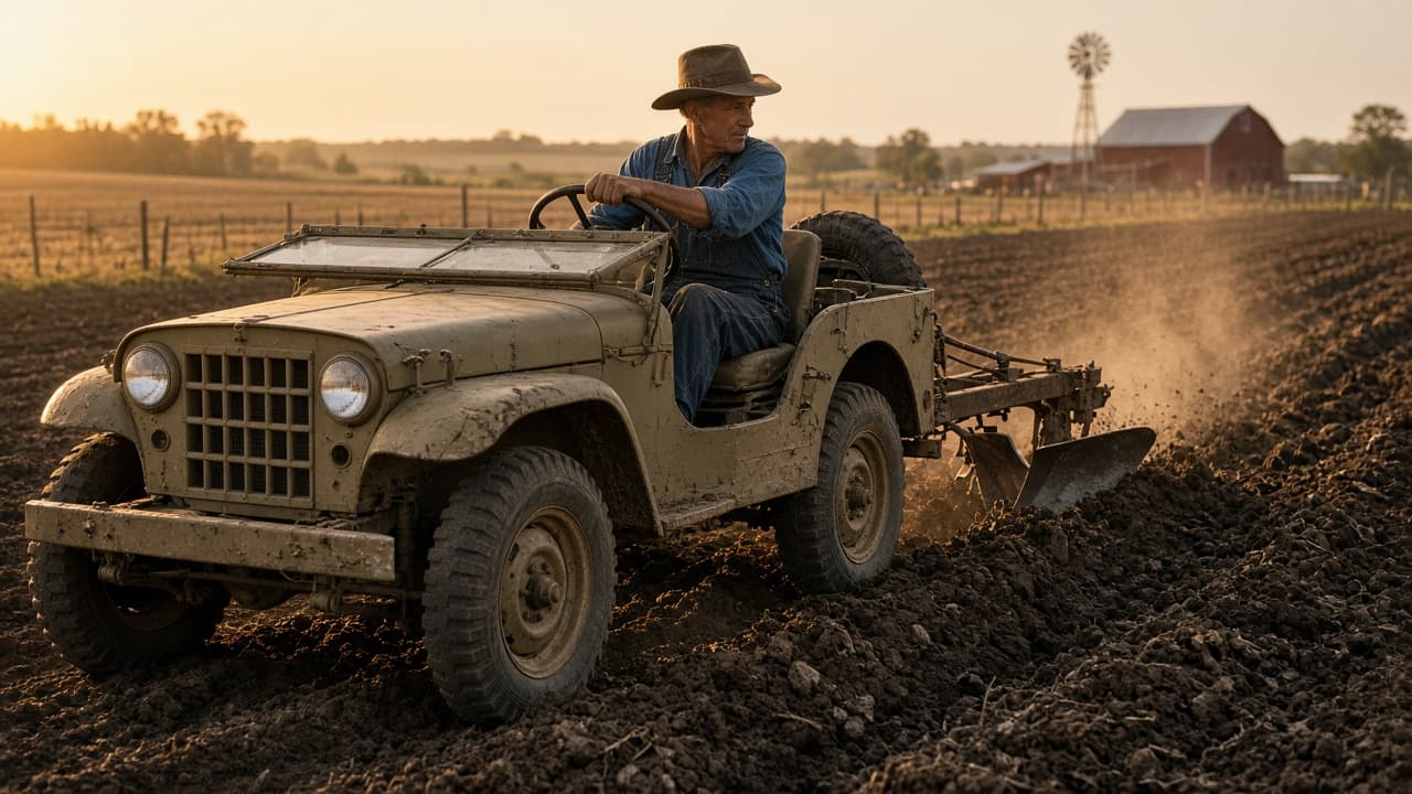 A farmer in a denim shirt and felt hat drives a small, dusty olive-tan flat-fender open utility 4x4 across a plowed field at golden hour, pulling a single-bottom moldboard plow, with a red barn and a windmill behind him.